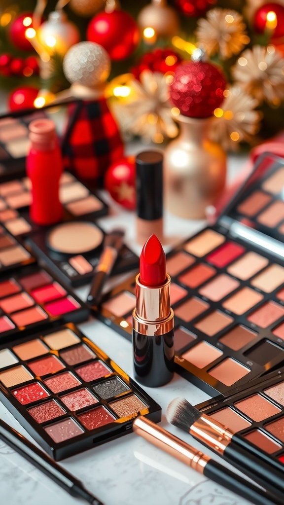 A festive makeup setup with red lipstick, shimmering eyeshadow, and Christmas decorations.
